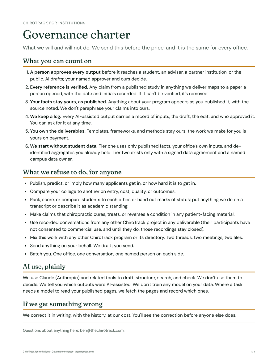 The one-page governance charter: What you can count on (six numbered commitments), What we refuse to do for anyone (eight refusals), AI use plainly, and If we get something wrong.